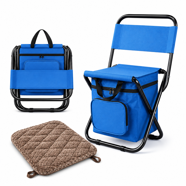 3-in-1 Blue Large Portable Folding Camping Chair with Zippered Cooler Bag and