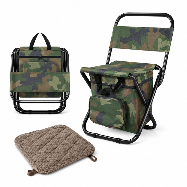 3-in-1 Camouflage Large Portable Folding Camping Chair with Zippered Cooler
