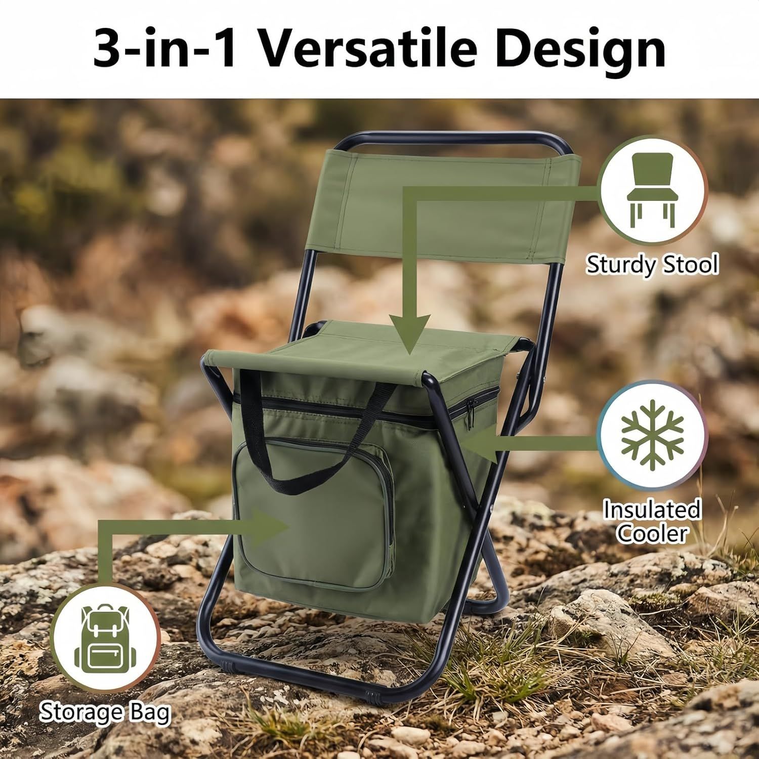 3-in-1 Camouflage Large Portable Folding Camping Chair with Zippered Cooler view 2