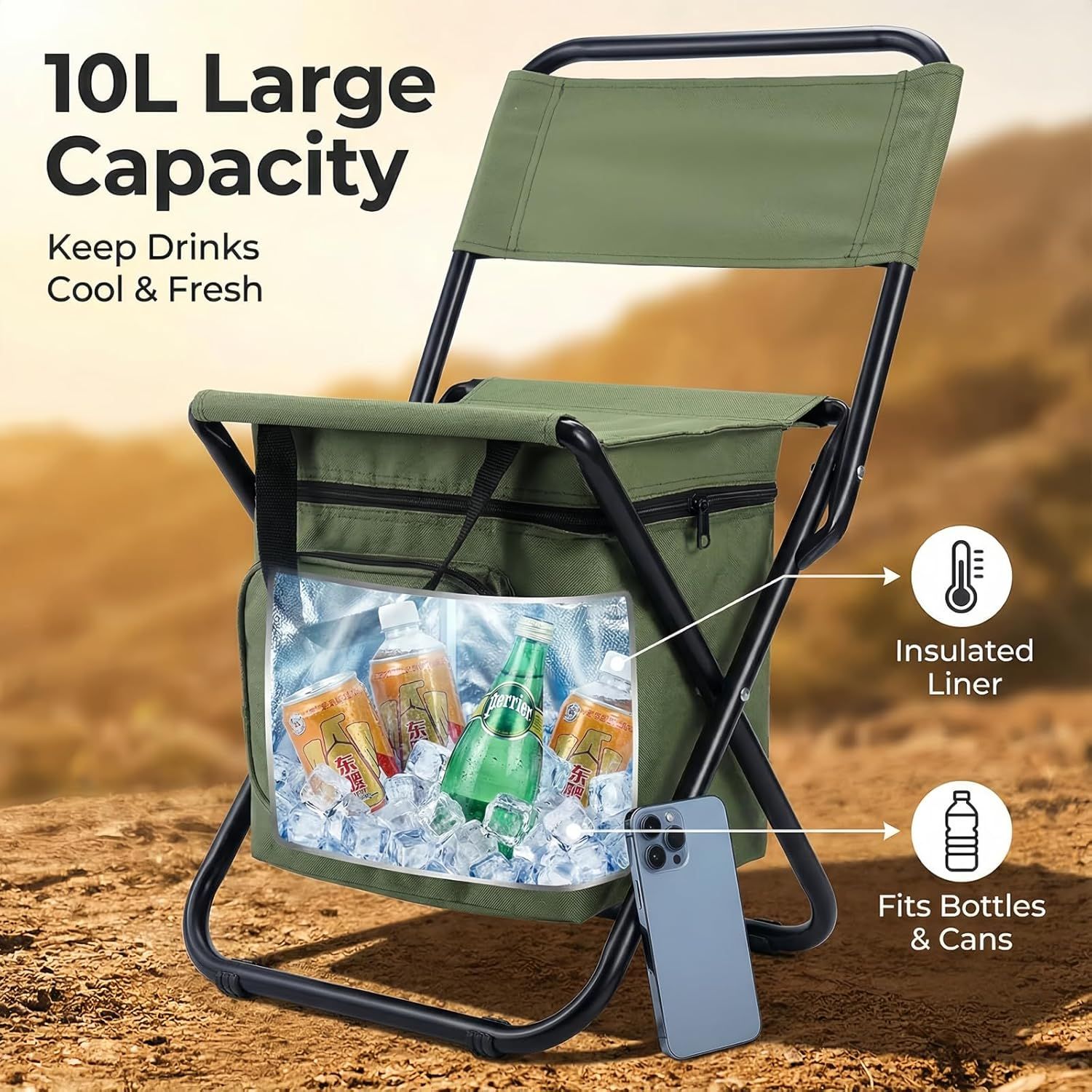 3-in-1 Camouflage Large Portable Folding Camping Chair with Zippered Cooler view 4
