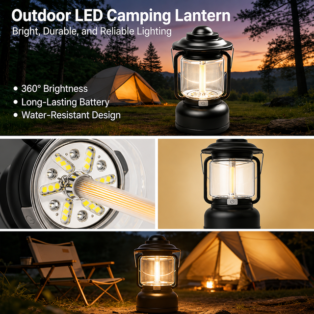 Black Vintage LED Outdoor Camping Lantern with Warm Ambient Light - 7 Lighting view 3