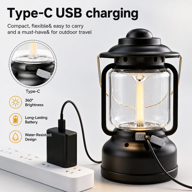 Silver and Grey Vintage LED Outdoor Camping Lantern with Warm Ambient Light view 5