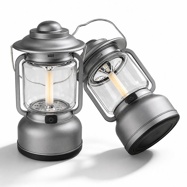 2PCS Silver and Grey Vintage LED Outdoor Camping Lantern with Warm Ambient