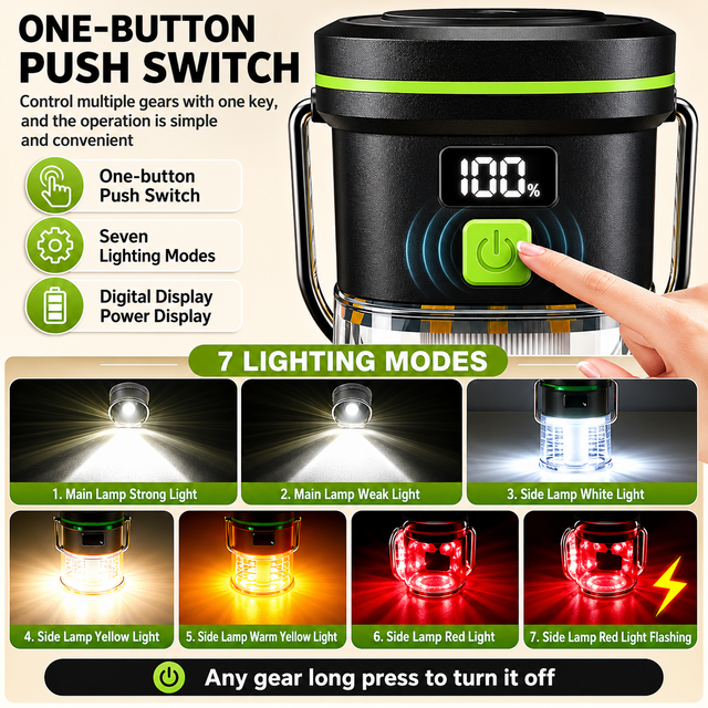 LY27 Black and Green Compact LED Camping Lantern with Spotlight and Ambient Light view 3