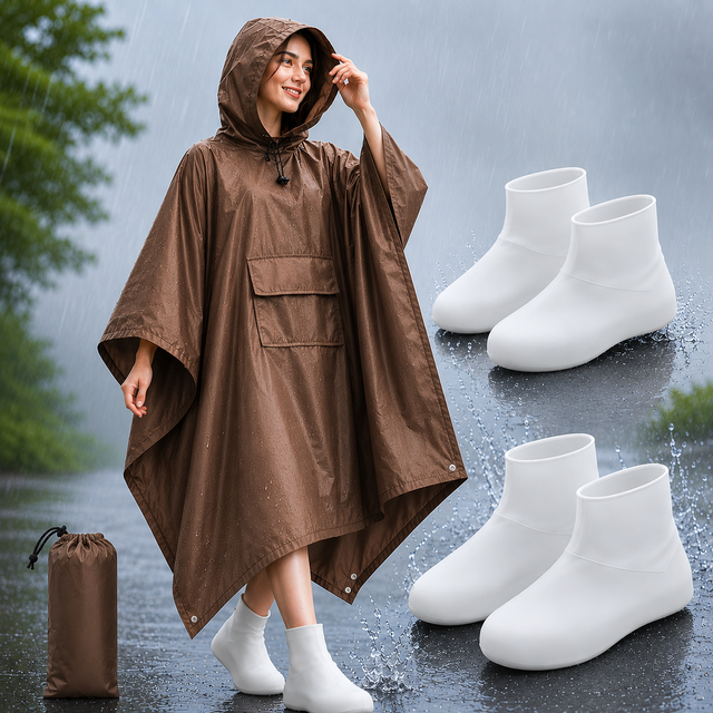 3-in-1 Brown Camping Rain Poncho