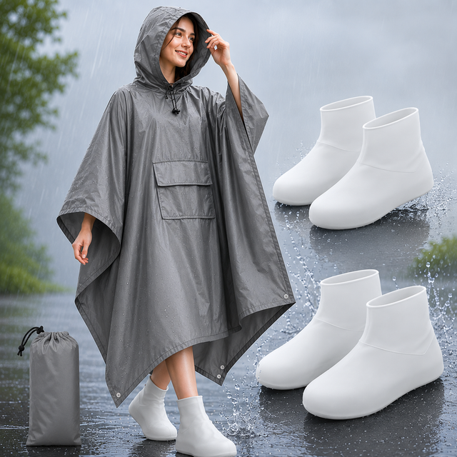 3-in-1 Grey Camping Rain Poncho