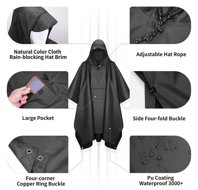 3-in-1 Grey Camping Rain Poncho view 2