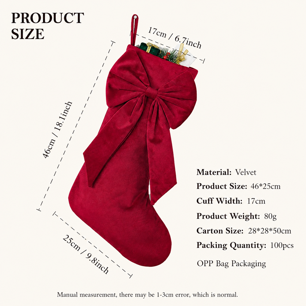 18 Inch Oversized Watermelon Red Luxury Velvet Christmas Stocking with Bow & Loop view 5