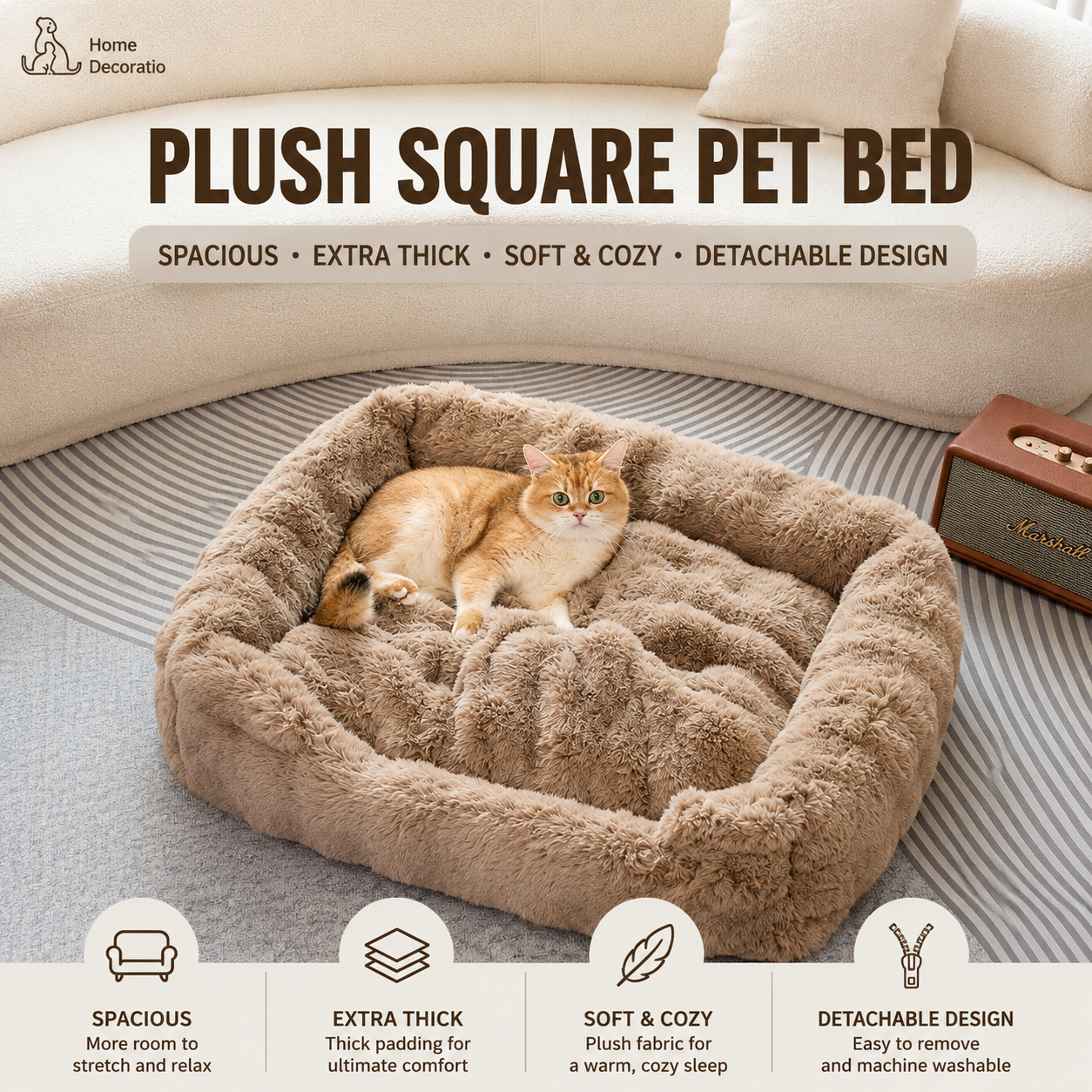 Brown Bubble Plush Pet Sofa Bed with Removable Cushion M Size 70*55*23 cm view 2