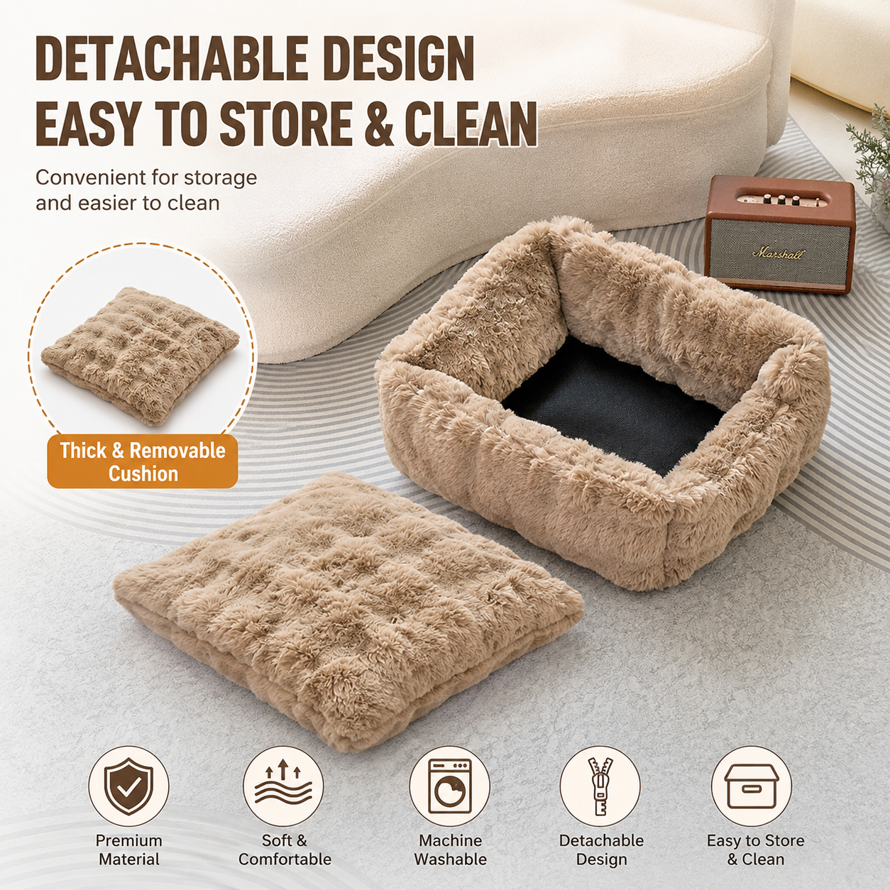 Brown Bubble Plush Pet Sofa Bed with Removable Cushion M Size 70*55*23 cm view 4