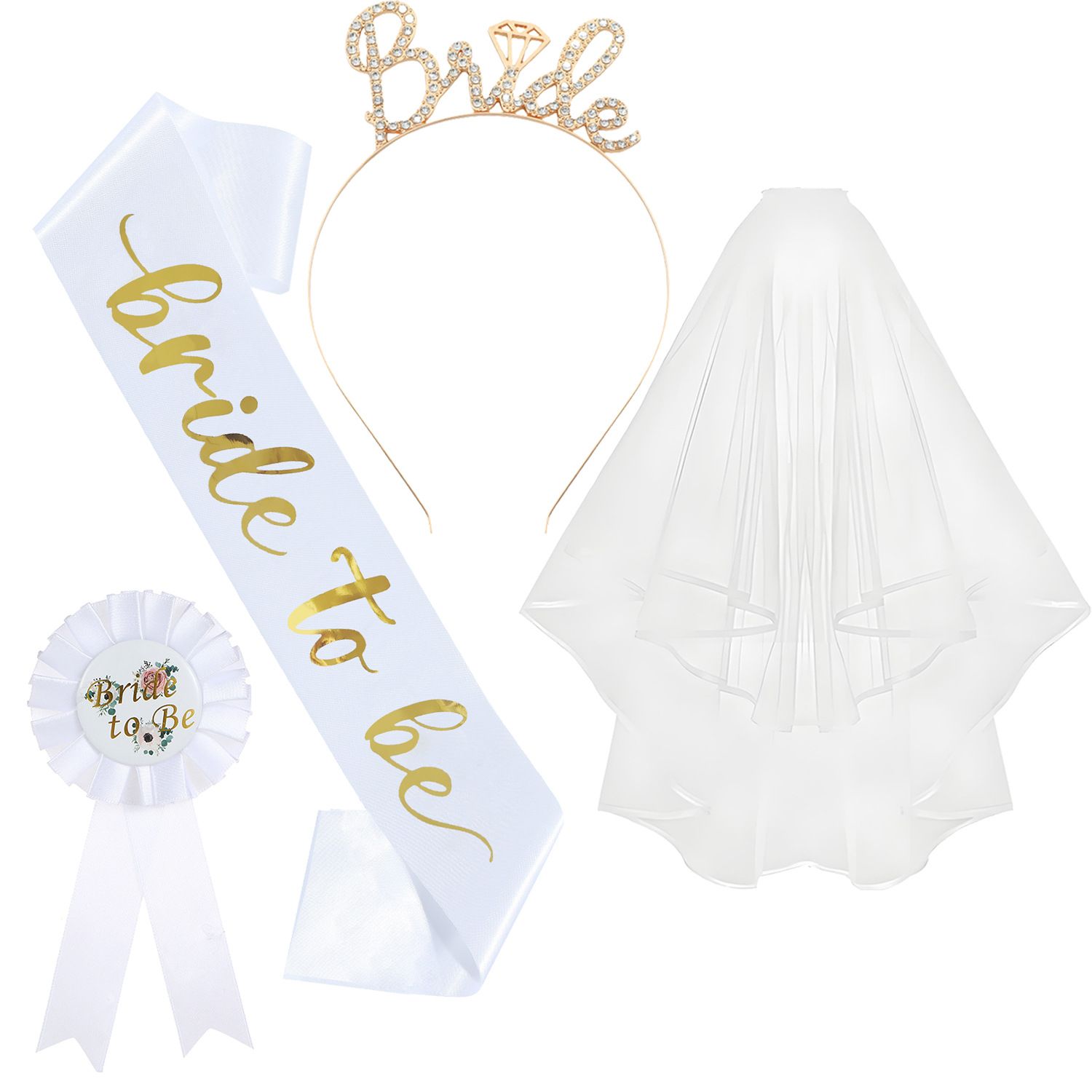 White and Gold Bride to Be Bachelorette Party Accessory Set
