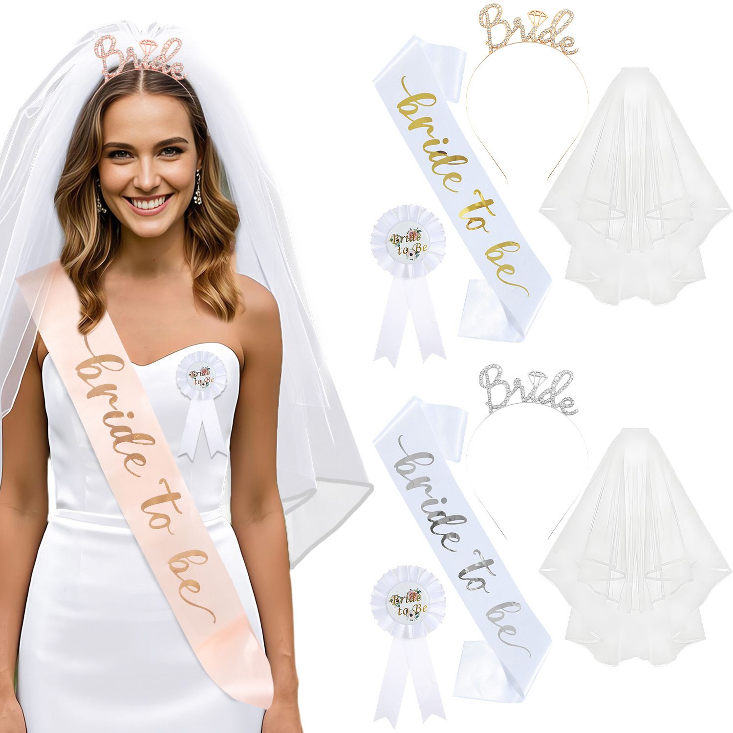 White and Silver Bride to Be Bachelorette Party Accessory Set view 3