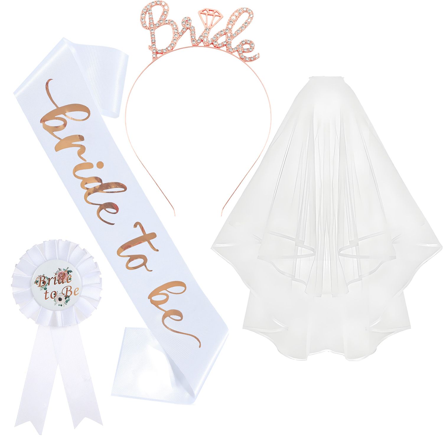 White and Rose Gold Bride to Be Bachelorette Party Accessory Set