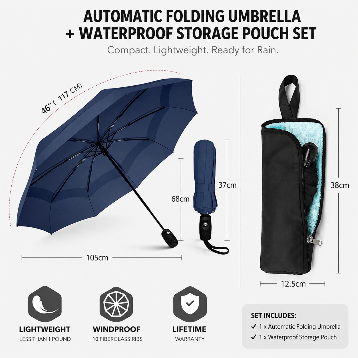 46 inch Navy Blue Windproof Automatic Travel Folding Umbrella and Black