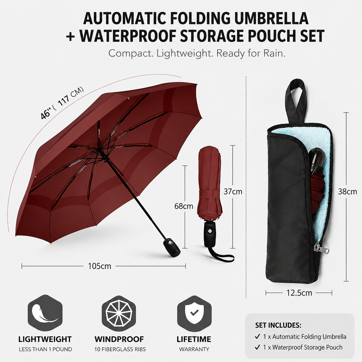 46 inch Wine Red Windproof Automatic Travel Folding Umbrella and Black