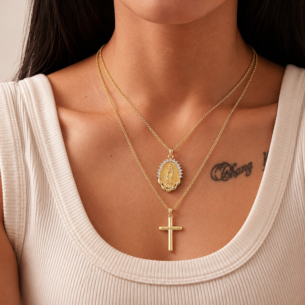 Jesus Cross Stackable Oval Pendant - Copper Plated Collarbone Chain with
