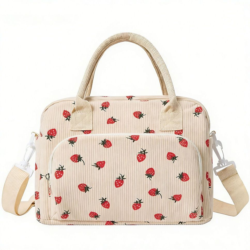 Strawberry Print Soft Corduroy Insulated Lunch Bag for Women and Students
