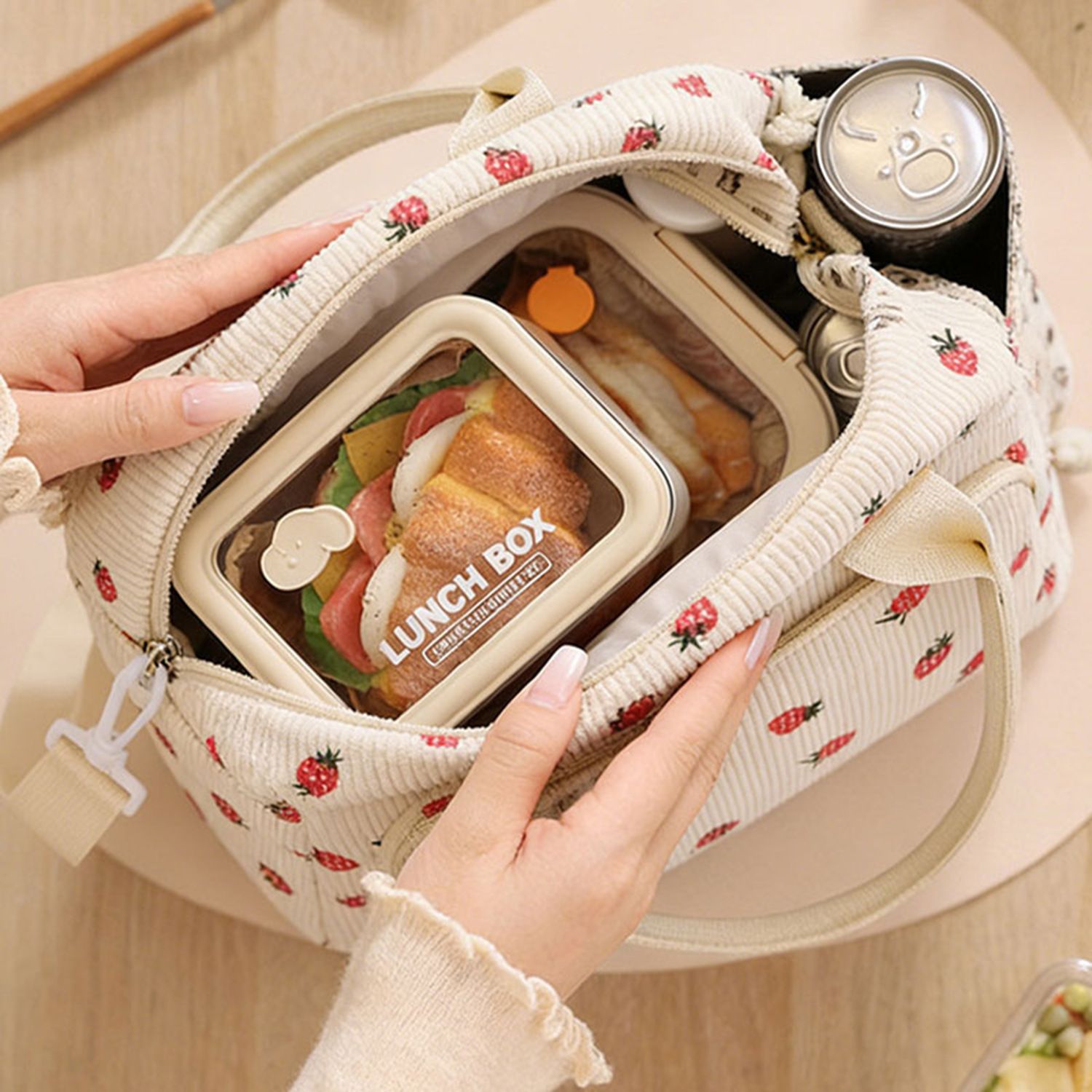 Strawberry Print Soft Corduroy Insulated Lunch Bag for Women and Students view 2