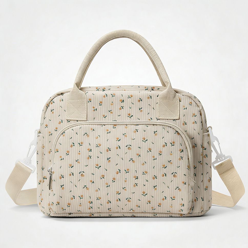 Beige Floral Print Soft Corduroy Insulated Lunch Bag for Women and Students