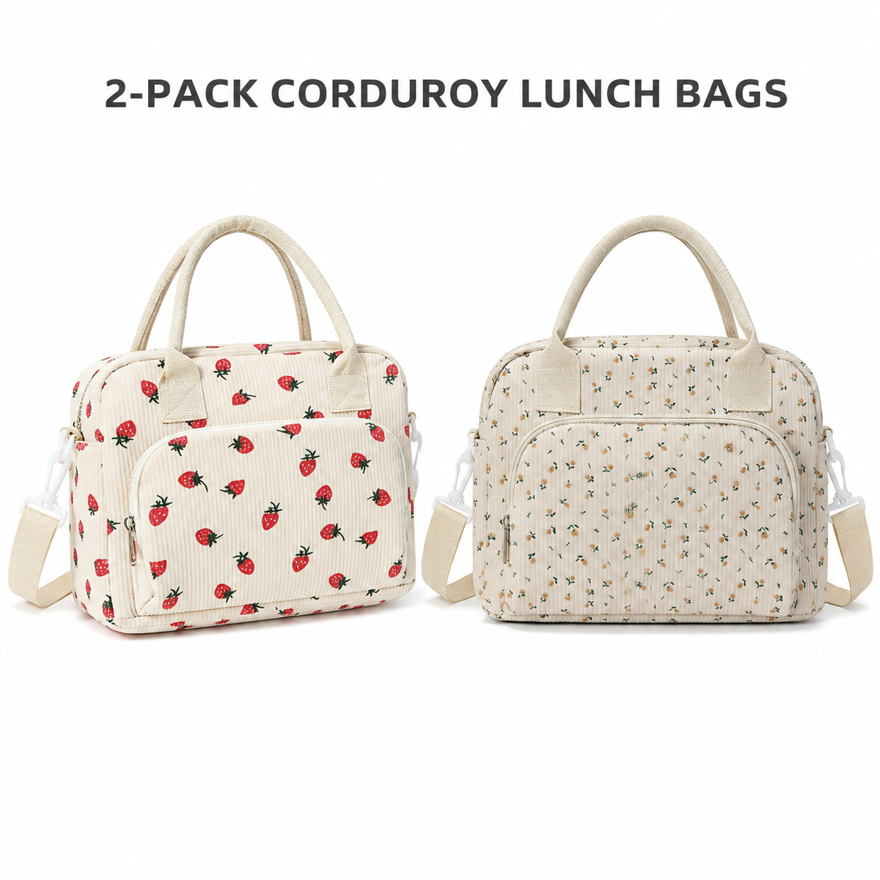 2-Pack Strawberry & Beige Floral Print Soft Corduroy Insulated Lunch Bag for