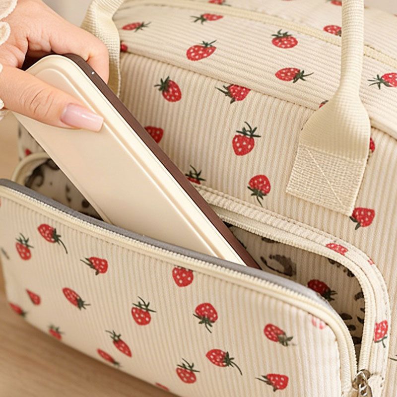 2-Pack Strawberry & Beige Floral Print Soft Corduroy Insulated Lunch Bag for view 3