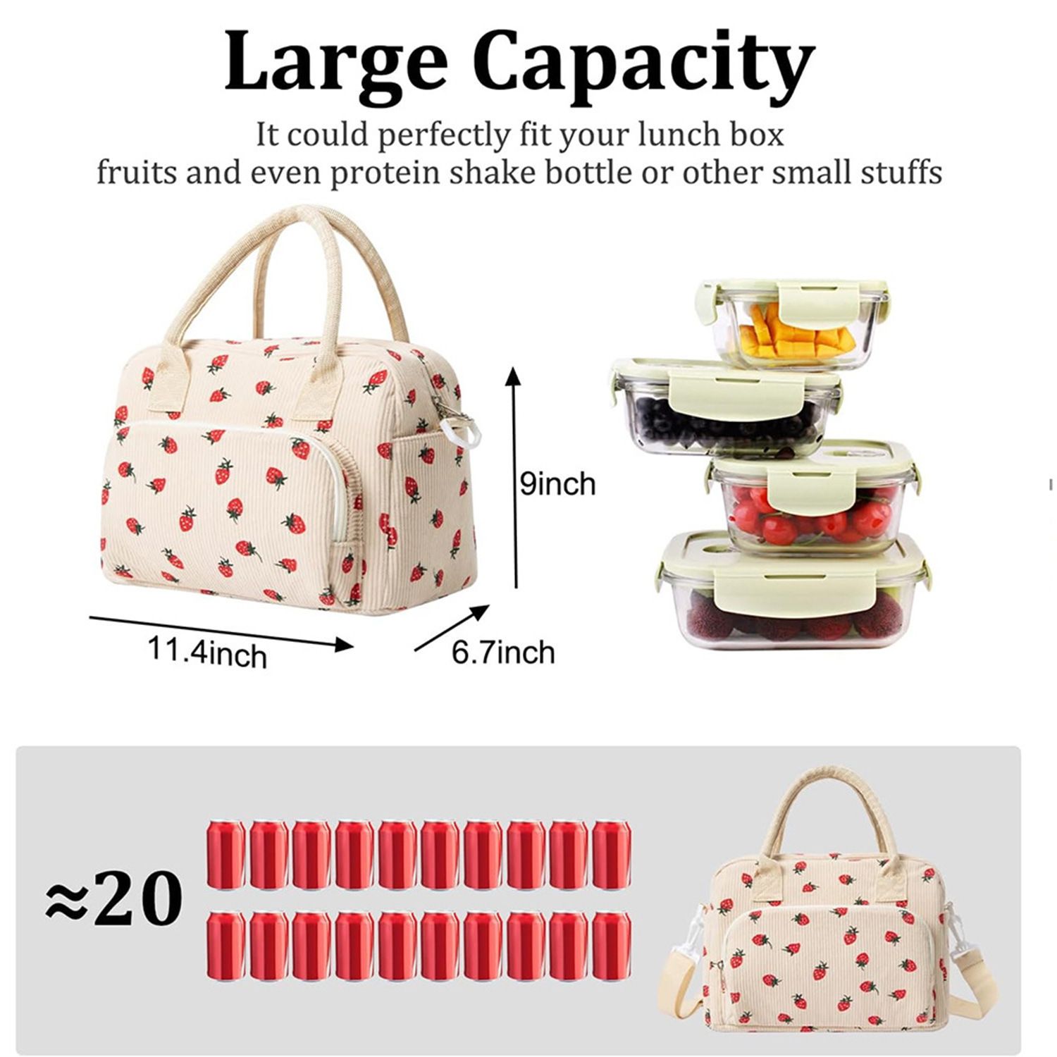 2-Pack Strawberry & Beige Floral Print Soft Corduroy Insulated Lunch Bag for view 4
