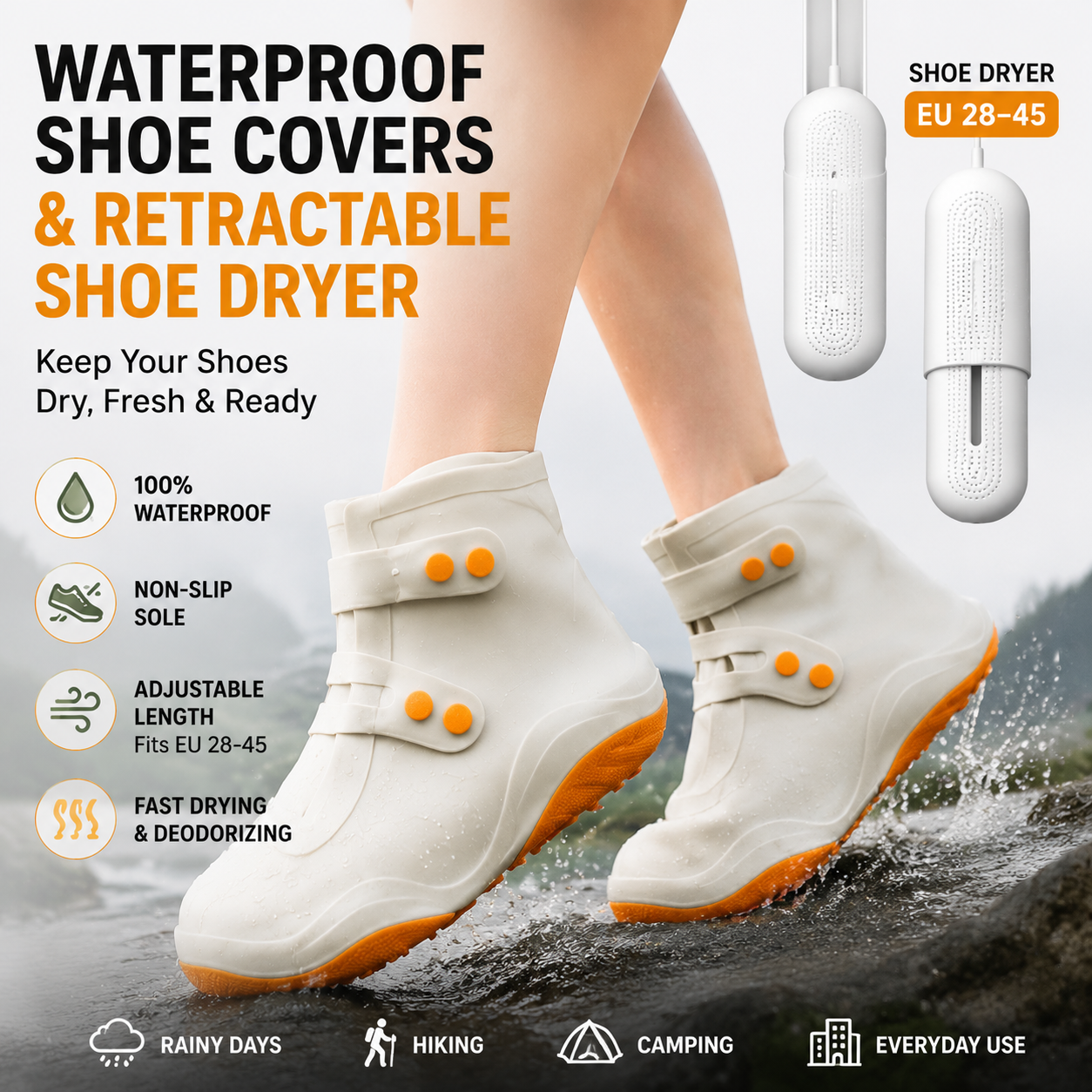 Thickened Waterproof Silicone Rain Shoe Covers and USB Powered Telescopic