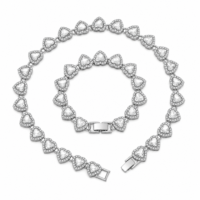 Silver-Plated Heart Rhinestone Cuban Link 20 inch Tennis Necklace and 8 inch