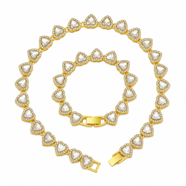 Gold-Plated Heart Rhinestone Cuban Link 20 inch Tennis Necklace and 8 inch