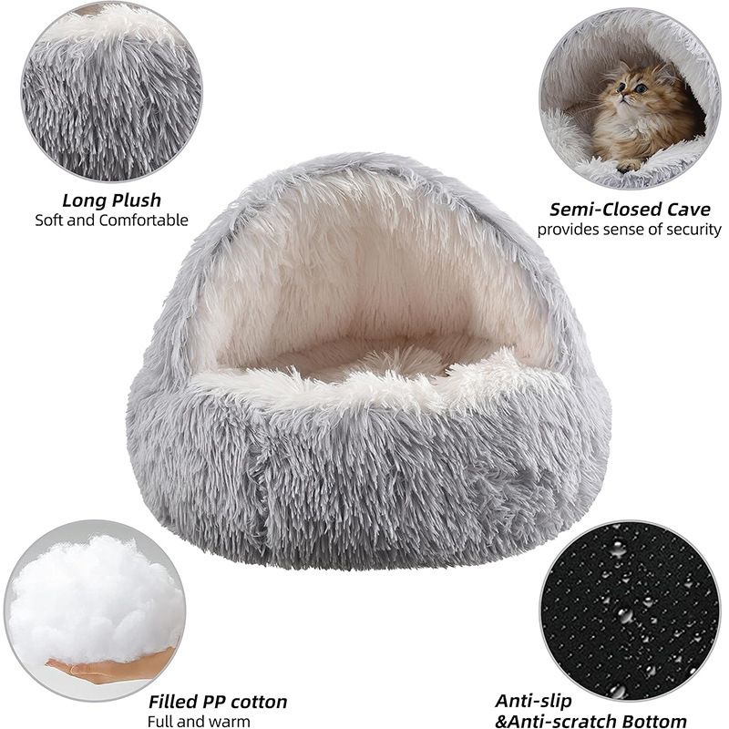 Grey Winter Long Plush Round Donut Cat Bed L Size Dia 50CM - Soft Fluffy view 2