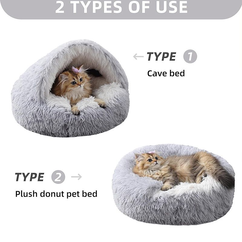 Brown Winter Long Plush Round Donut Cat Bed M Size Dia 40CM - Soft Fluffy view 3