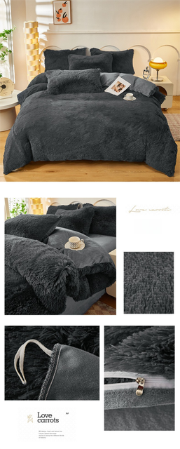 Dark Grey Luxury Thick Plush 4 Piece Bedding Set for 1.5m & 1.8m Beds – Winter view 5