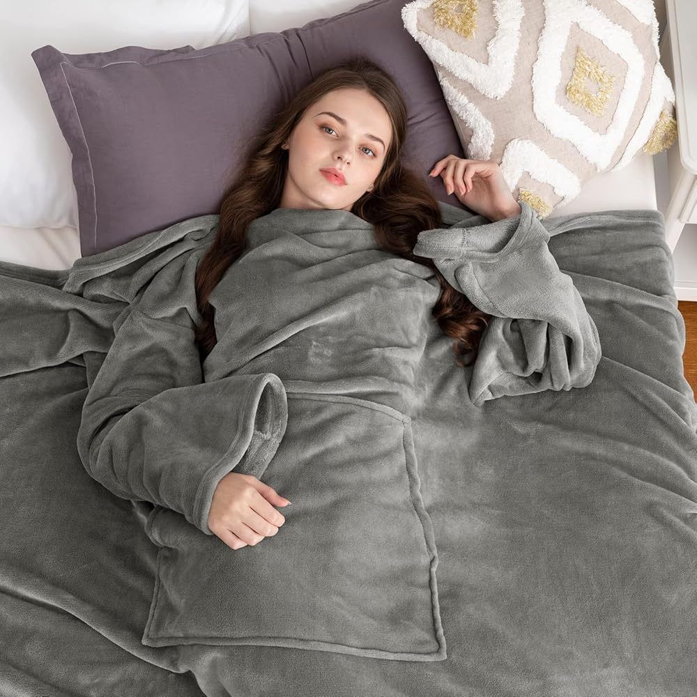 Dark Grey 180 x 120CM Extra Large Wearable Wrap Blanket with Sleeves and Large view 2
