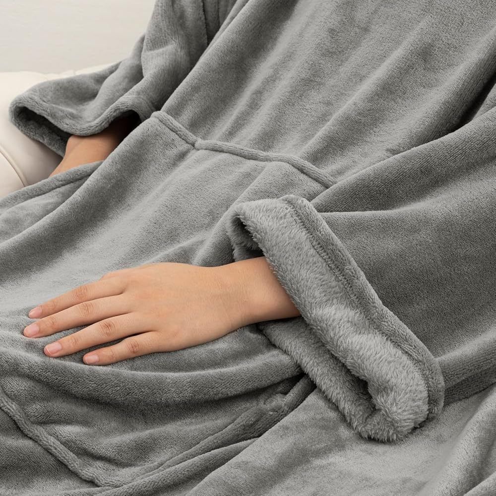 Dark Grey 180 x 120CM Extra Large Wearable Wrap Blanket with Sleeves and Large view 4