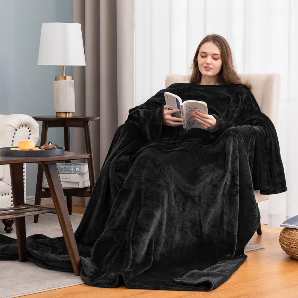 Black 180 x 120CM Extra Large Wearable Wrap Blanket with Sleeves and Large Pocket