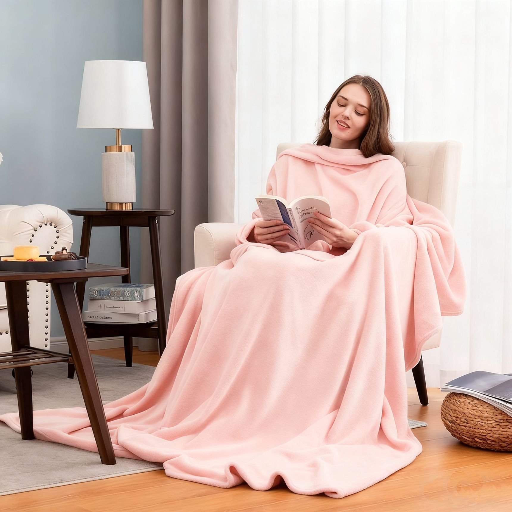 Pink 180 x 120CM Extra Large Wearable Wrap Blanket with Sleeves and Large Pocket