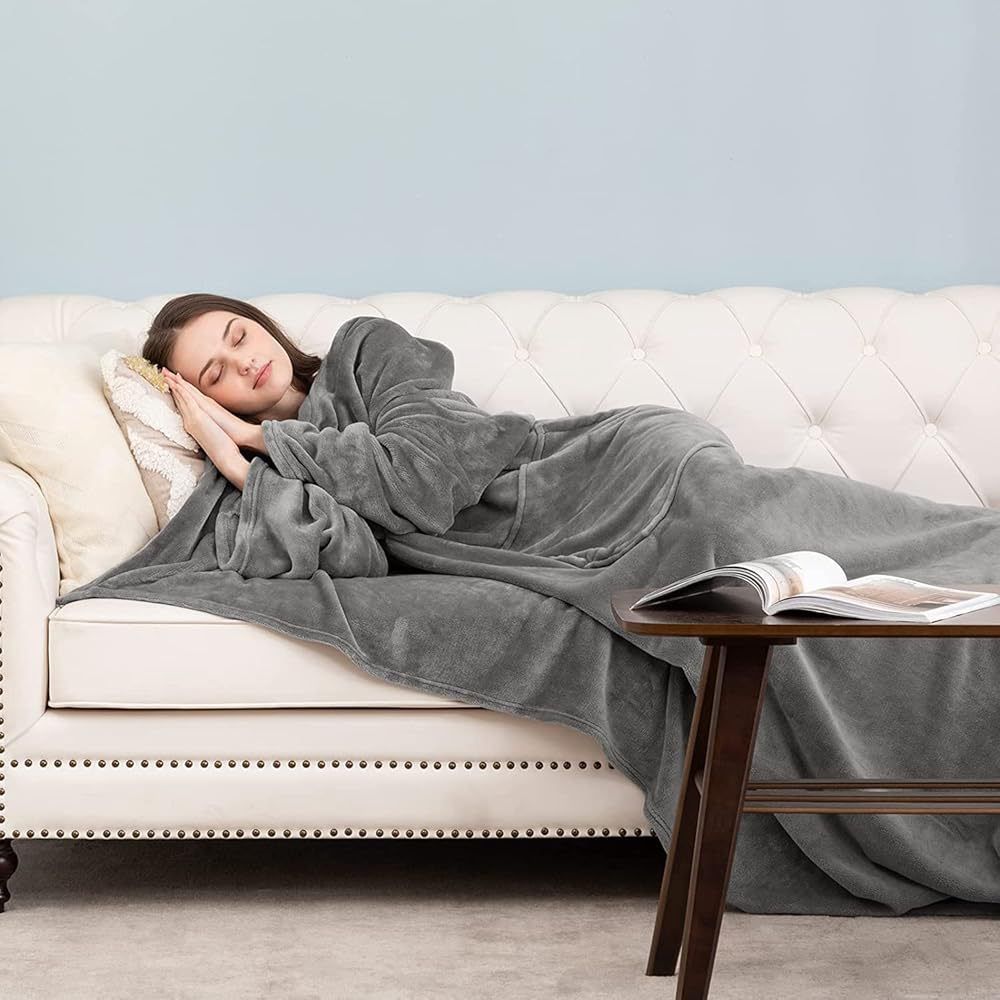 Pink 180 x 120CM Extra Large Wearable Wrap Blanket with Sleeves and Large Pocket view 3