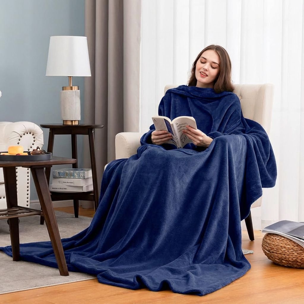 Blue 180 x 120CM Extra Large Wearable Wrap Blanket with Sleeves and Large Pocket