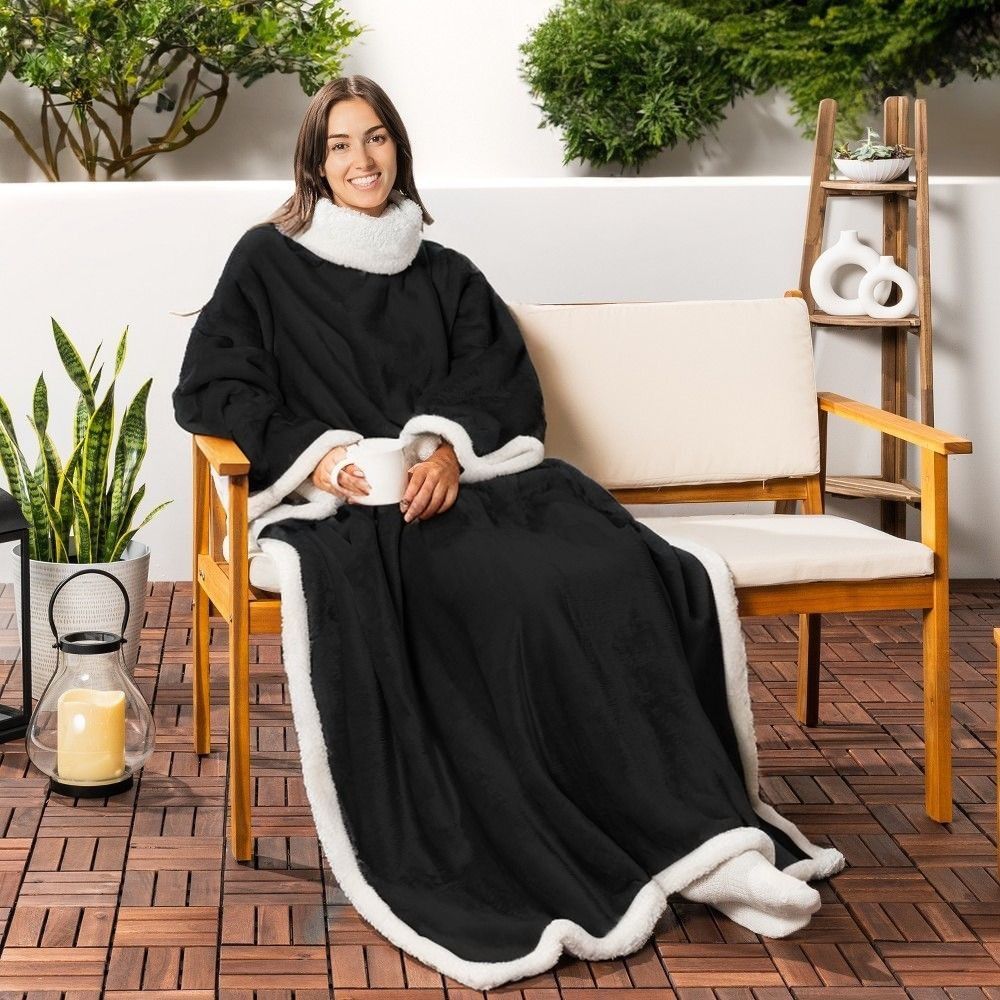 Black 180 x 120CM Extra Large Wearable Wrap Blanket with Sleeves and Large Pocket