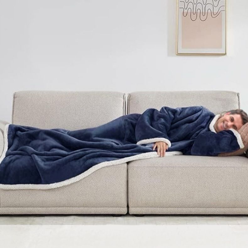 Black 180 x 120CM Extra Large Wearable Wrap Blanket with Sleeves and Large Pocket view 3