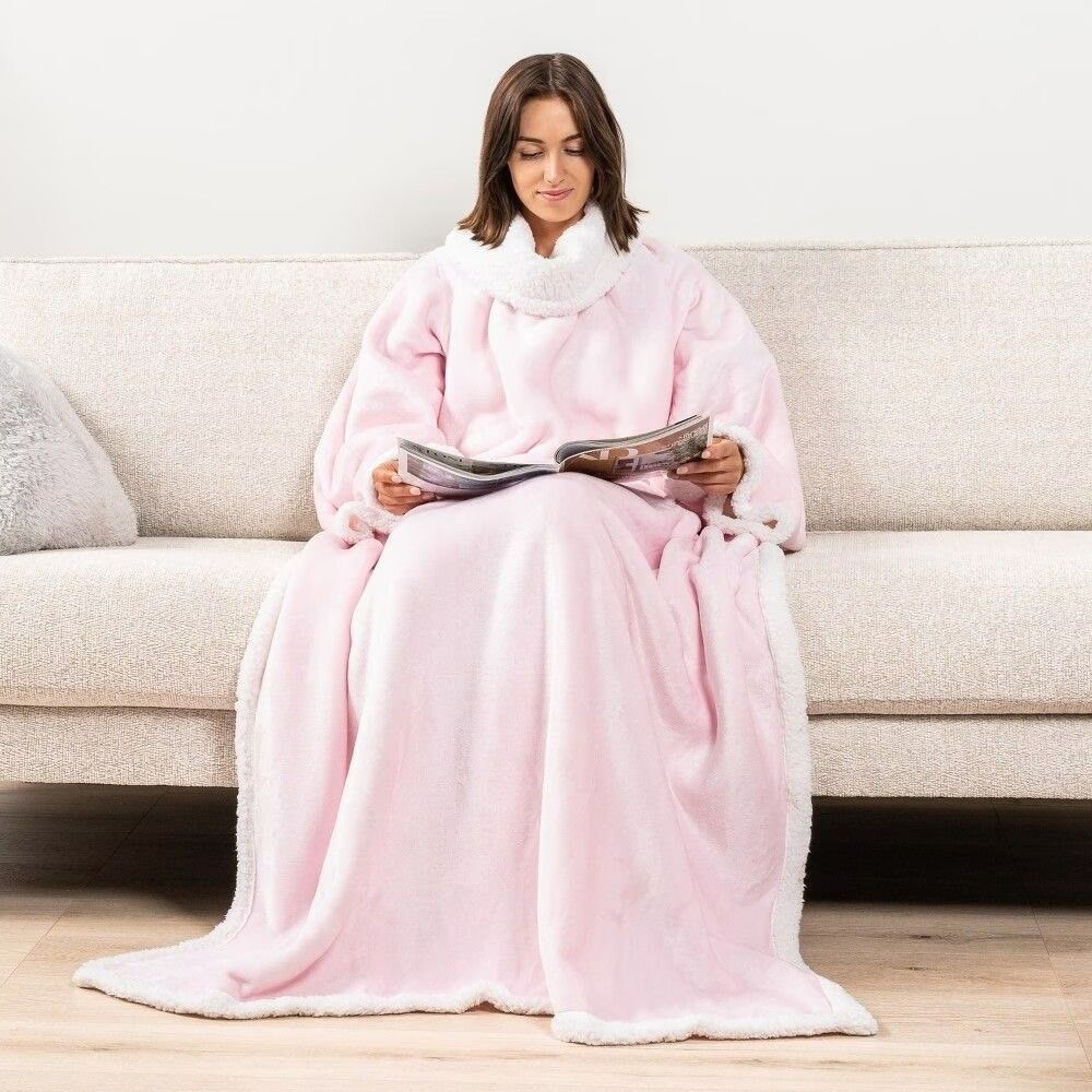 Pink 180 x 120CM Extra Large Wearable Wrap Blanket with Sleeves and Large Pocket