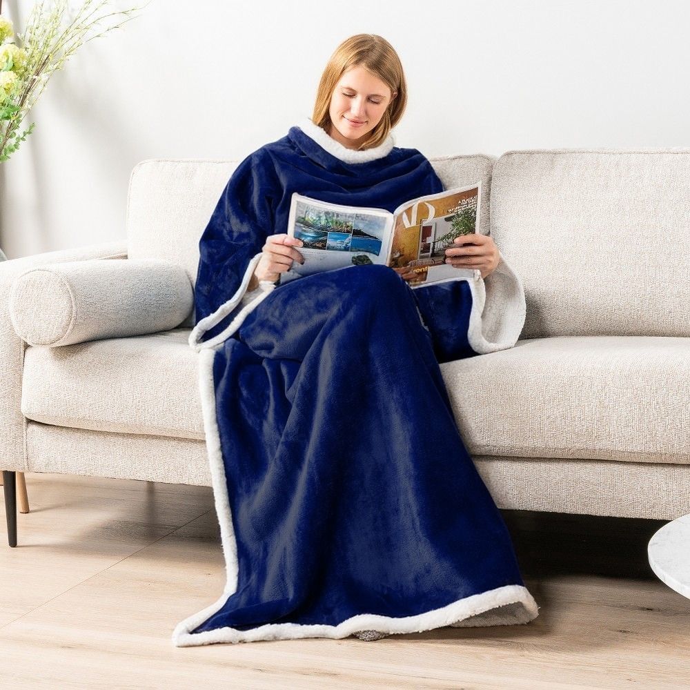 Blue 180 x 120CM Extra Large Wearable Wrap Blanket with Sleeves and Large Pocket