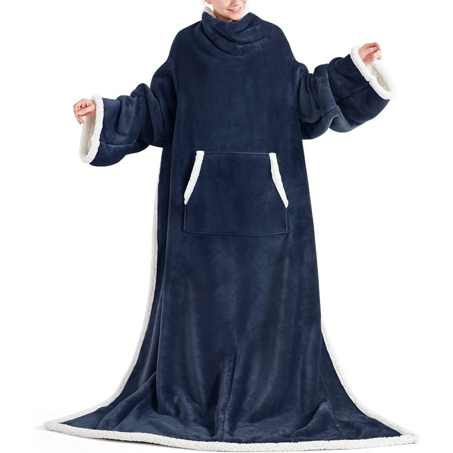 Blue 180 x 120CM Extra Large Wearable Wrap Blanket with Sleeves and Large Pocket view 3