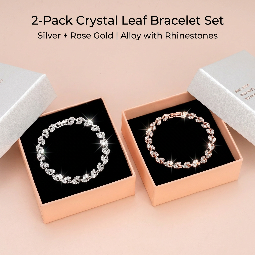 2 Pack Silver and Rose Gold Women's Crystal Leaf Bracelets with Gift Box