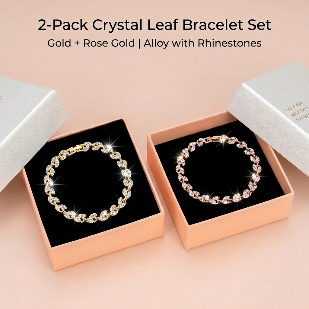 2 Pack Gold and Rose Gold Women's Crystal Leaf Bracelets with Gift Box