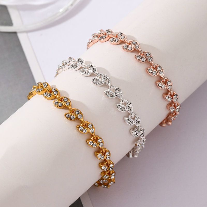 3 Pack Silver Gold and Rose Gold Women's Crystal Leaf Bracelets with Gift Box