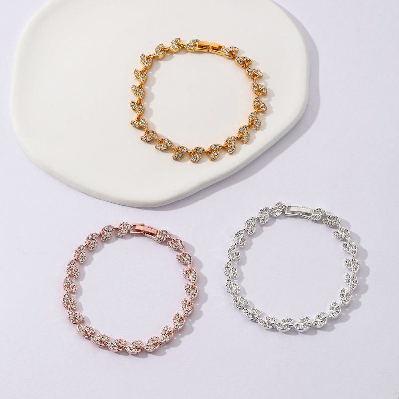 3 Pack Silver Gold and Rose Gold Women's Crystal Leaf Bracelets with Gift Box view 2