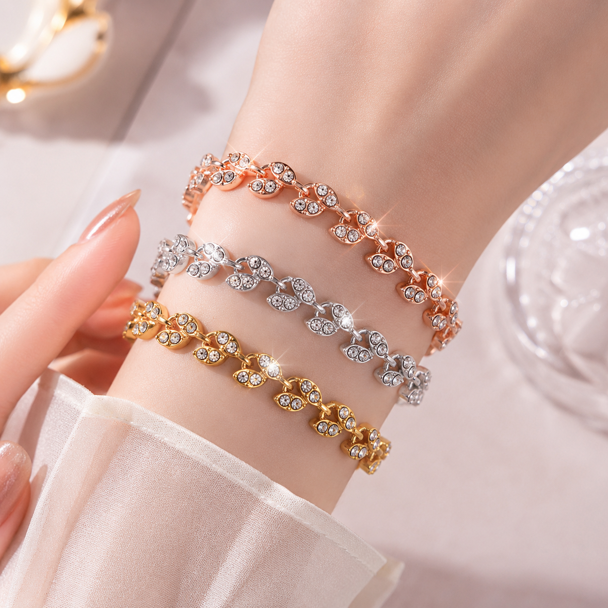 3 Pack Silver Gold and Rose Gold Women's Crystal Leaf Bracelets with Gift Box view 3