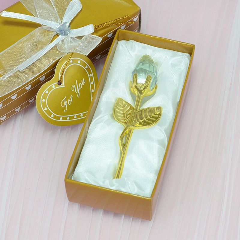2 Set of White Crystal Rose Flower with Gold Gift Box and Gold Plated Stem