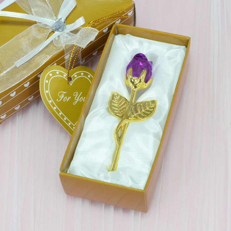 2 Set of Purple Crystal Rose Flower with Gold Gift Box and Gold Plated Stem